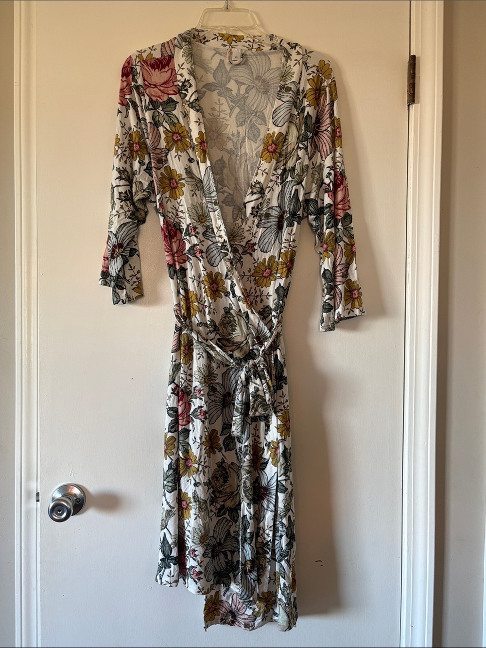 Floral Wrap Robe in White with Pink & Yellow Blooms